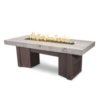 Alameda Wood Grain Fire Pit Table with customizable wood grain finish and fire glass options on outdoor patio