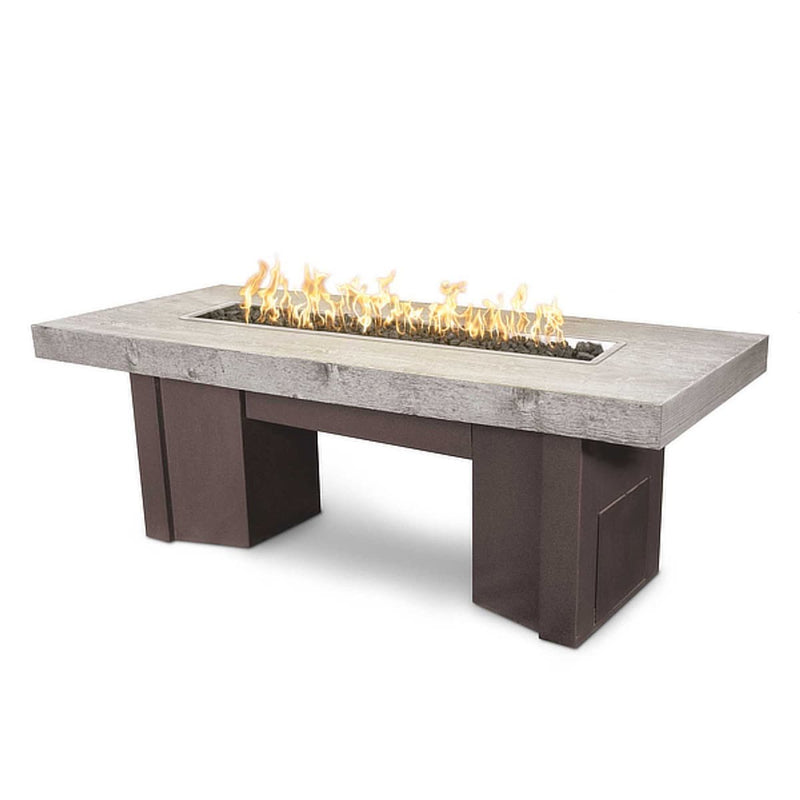 Alameda Wood Grain Fire Pit Table with customizable wood grain finish and fire glass options on outdoor patio