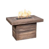 Alberta rectangle wood grain fire pit table with customizable options and fireglass display outdoors