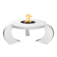 Frisco Round Powder Coat Steel Fire Pit Table with lava rock display outdoors