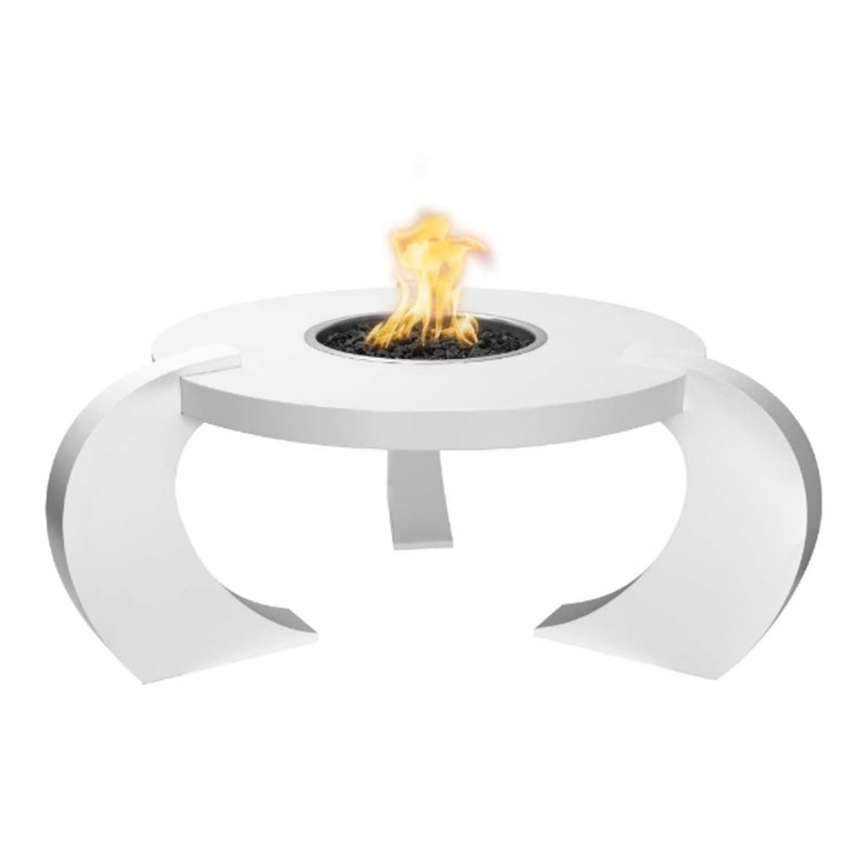 Frisco Round Powder Coat Steel Fire Pit Table with lava rock display outdoors