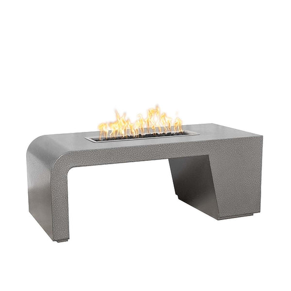 Maywood Rectangle Powder Coat Steel Fire Pit Table with lava rock burning display by The Outdoor Plus