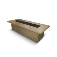 Newport concrete fire pit table with fire glass and electronic ignition on patio