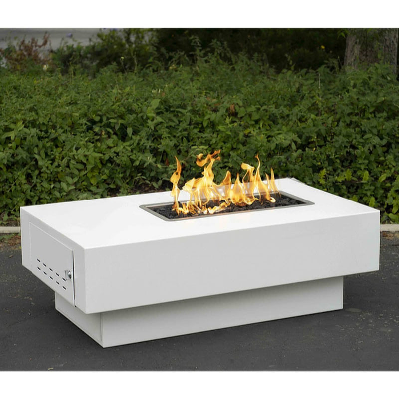San Juan Low Profile rectangular powder coat steel fire pit table with sliding door and lava rock burning area