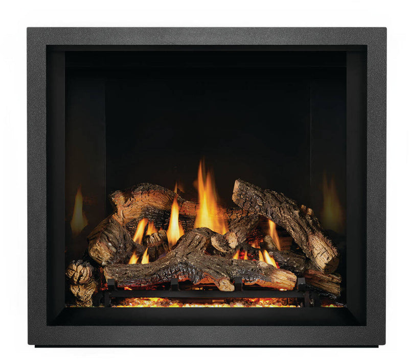 Napoleon Elevation X 36 direct vent gas fireplace product shot with oak logs and charcoal trim