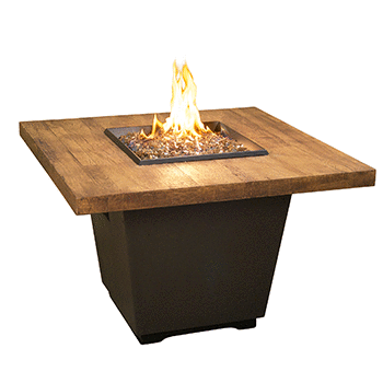 French Barrel Oak Cosmo Square Firetable with rustic oak finish and black lava base