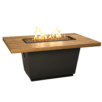 French Barrel Oak Cosmo Rectangle Firetable with rustic wood finish and black lava base