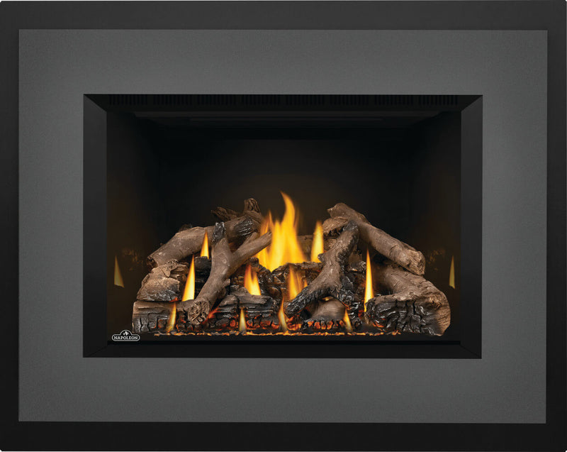 Napoleon Oakville X4 gas fireplace insert product shot with charcoal large faceplate