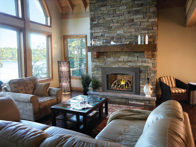 Napoleon Oakville X4 gas insert lifestyle shot with stone surround