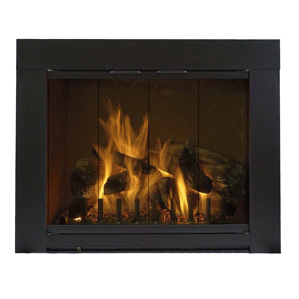 Grande Fireplace Doors in matte black with grey glass and twin gate mesh for 30x20.75 inch opening