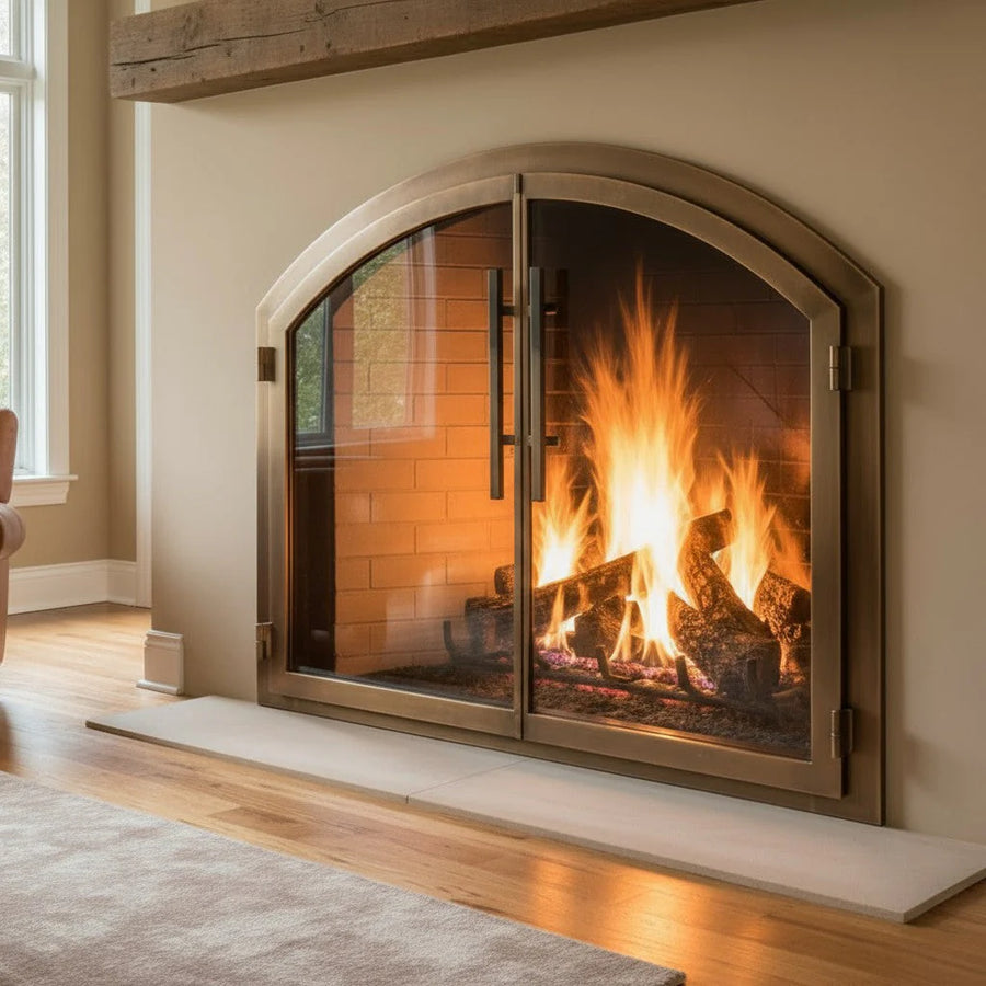 Legend Arch Fireplace Doors / Gold Rush / Template Provided/ Clear Glass / Hole in Wall / 4 Sided Overlap / Medium Price Bracket