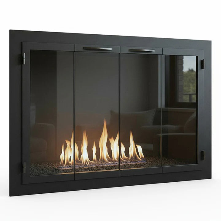 Carolina Traditional Fireplace Doors / Opening Size 39 1/2” W x 24” / Overlap / Mahagony / 3 sided overlap / Frame width 2” / Grey glass / Bi-Fold / Curtain Mesh
Rugged Steel Handles