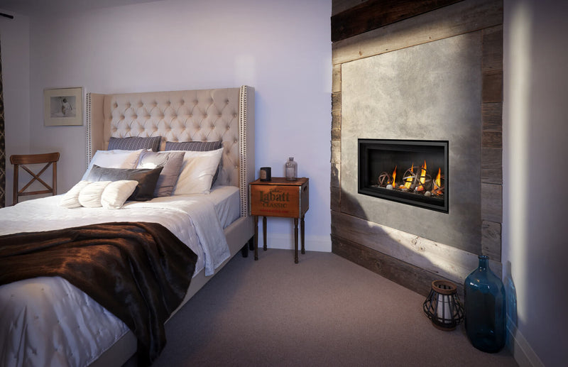 Napoleon Vector 38 linear gas fireplace lifestyle shot in bedroom