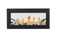 Napoleon Vector 38 See Through direct vent linear gas fireplace product shot with birch logs and shore fire kit