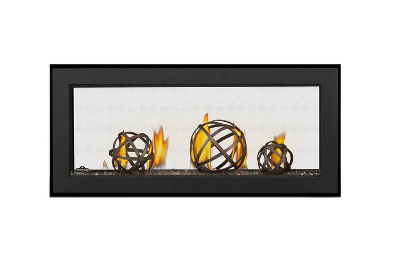 Napoleon Vector 38 See Through linear gas fireplace product shot with topaz glass and wrought iron globes