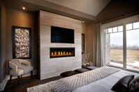 Napoleon Vector 50 linear gas fireplace lifestyle shot in contemporary bedroom with television above
