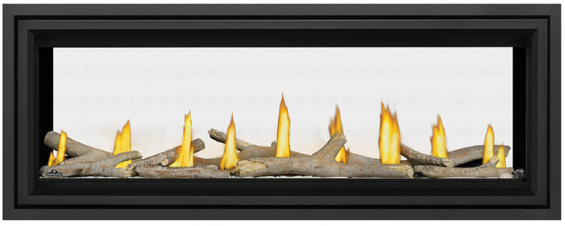 Napoleon Vector 50 See Through direct vent linear gas fireplace product shot with contemporary logs and black trim