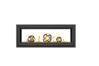 Napoleon Vector 50 See Through linear gas fireplace product shot with wrought iron globes and premium safety barrier