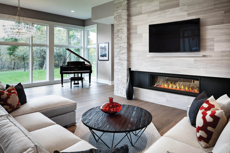 Napoleon Vector 62 See Through linear gas fireplace lifestyle shot in contemporary living room with nickel sticks