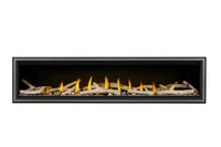 Napoleon Vector 74 linear gas fireplace product shot with birch logs, shore fire kit and stainless premium barrier