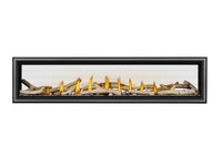 Napoleon Vector 74 See Through linear gas fireplace product shot with birch logs and shore fire kit