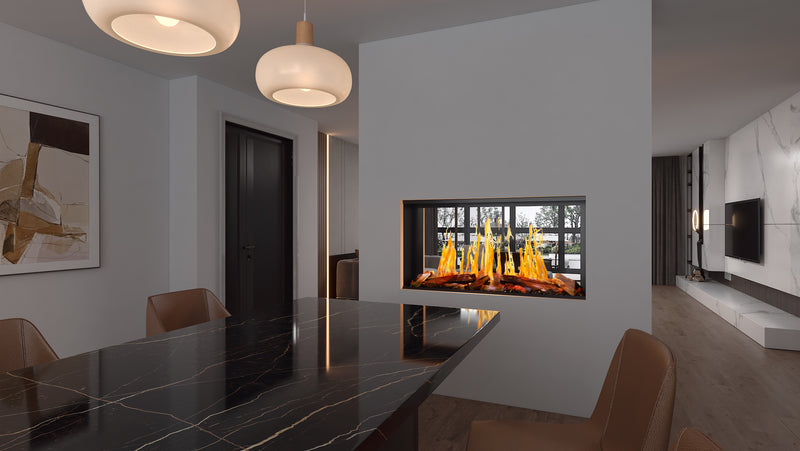 Nova Clear see-through electric fireplace dividing a dining room and living room