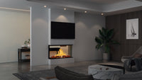Nova Clear see-through electric fireplace between a living room and hallway
