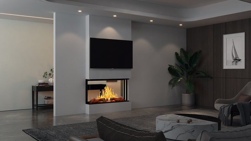 Nova Clear see-through electric fireplace between a living room and hallway