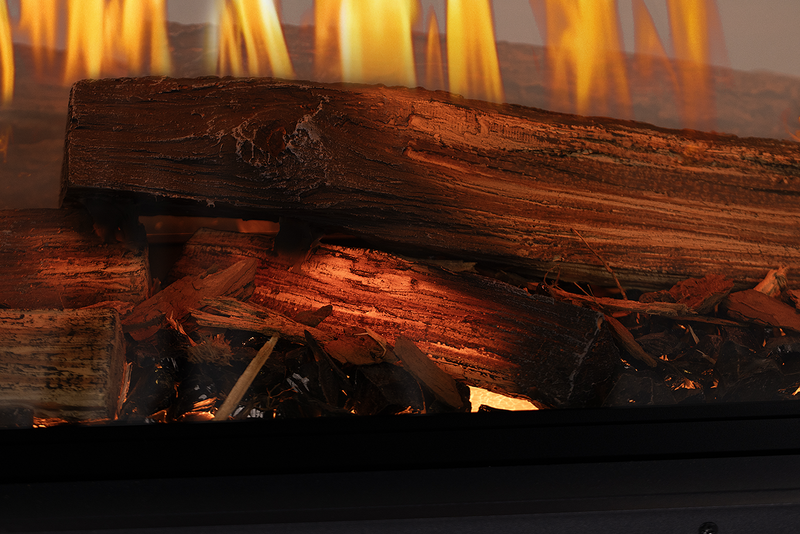 Close-up of the Nova Clear split-wood log set and ember bed
