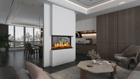 Nova Clear see-through electric fireplace installed between an open kitchen and living space