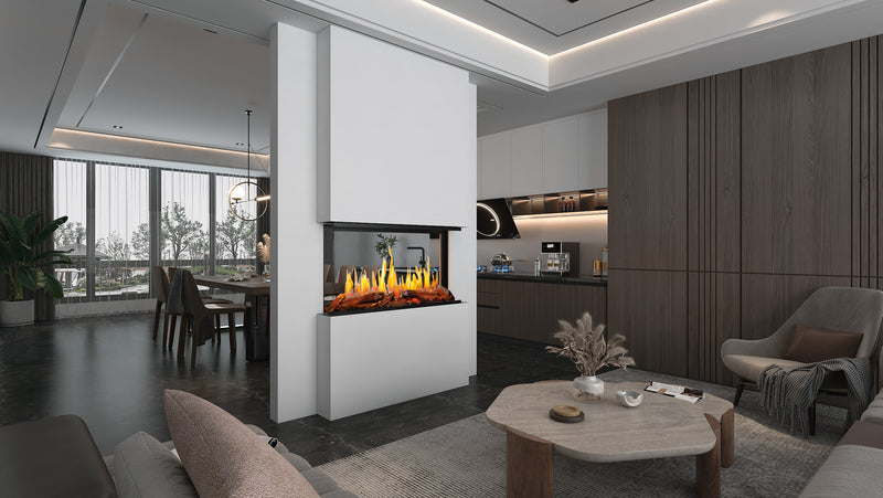 Nova Clear see-through electric fireplace installed between an open kitchen and living space