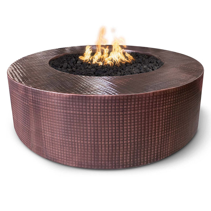 The Outdoor Plus Unity 60" Round Hammered Copper Fire Pit – 18" Tall – 110V Plug & Play Electronic Ignition – Natural Gas