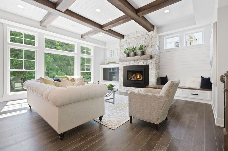 Napoleon Rosedale 3 gas insert lifestyle shot with Westminster panels and birch logs