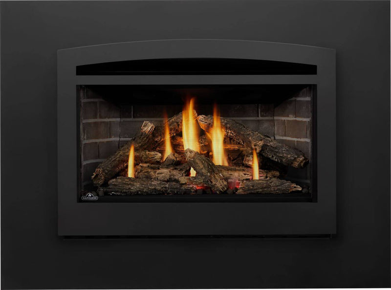 Napoleon Rosedale 3 gas fireplace insert product shot with oak logs, Westminster panels and arched faceplate