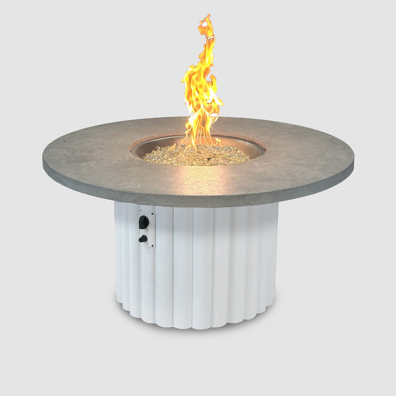Reverie 48-inch, Relic Grey top / White base — burner lit