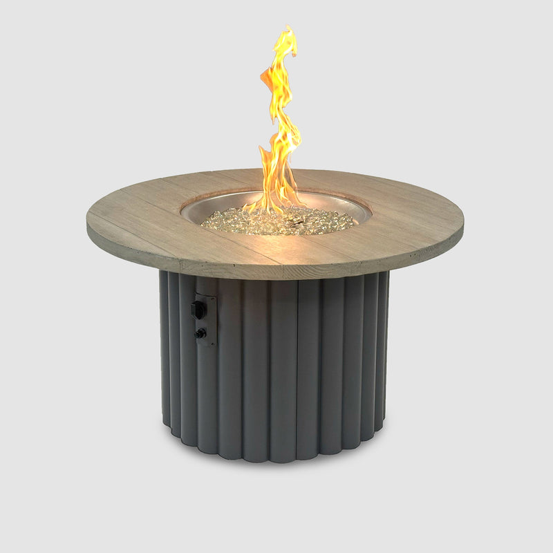 Reverie 42-inch, Smokey Oak top / Charcoal Grey base — burner lit
