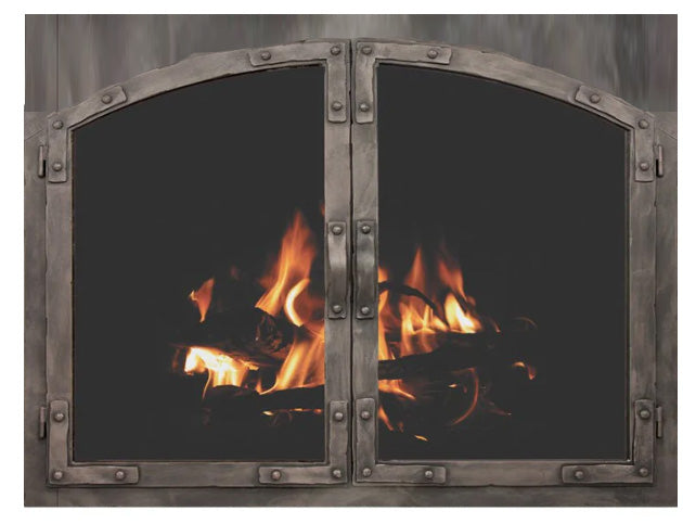 Old World - Arch / Opening Width - 52" Height - 37 3/16" / Sites Height Where Arch starts 32"/ 3 Sided Overlap / Twin Style Doors / Natural Iron Finish / Clear Glass / Gate Mesh / Draft Control / Z Tabs