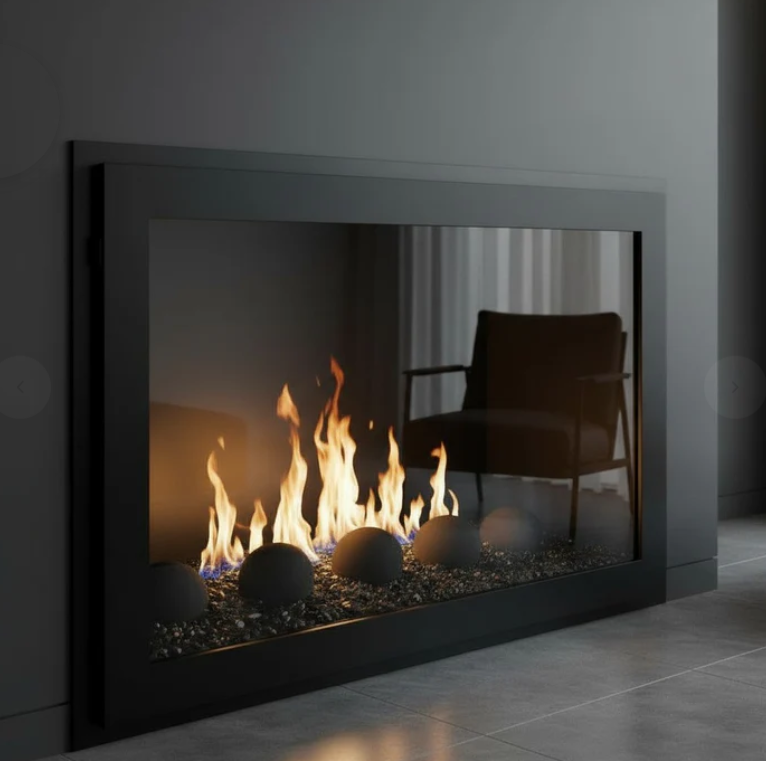Moderne Fireplace Doors / Masonry / Opening Size 47 1/2" W x 29 1/8" H  / 3 Sided Overlap Left 2 1/2" Top 2 1/2" Right 2 1/2" / Draft Control Bottom 3 1/2" / Door Frame Width 2" / Rustic Black / Clear Glass