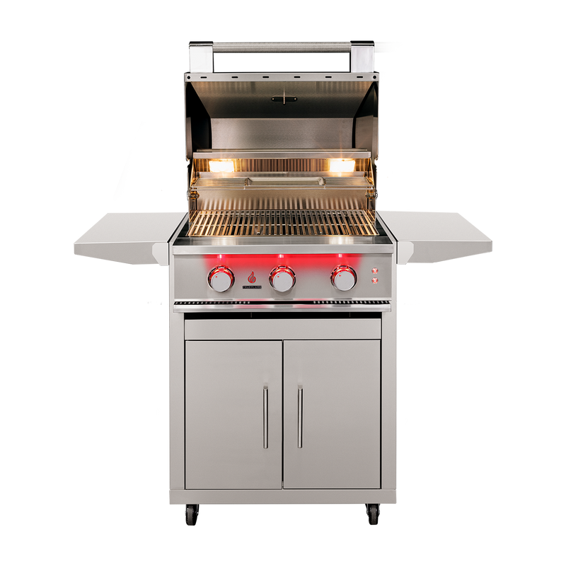 TrueFlame TF25 gas grill with CART-TF-25DC stainless steel cart, hood open