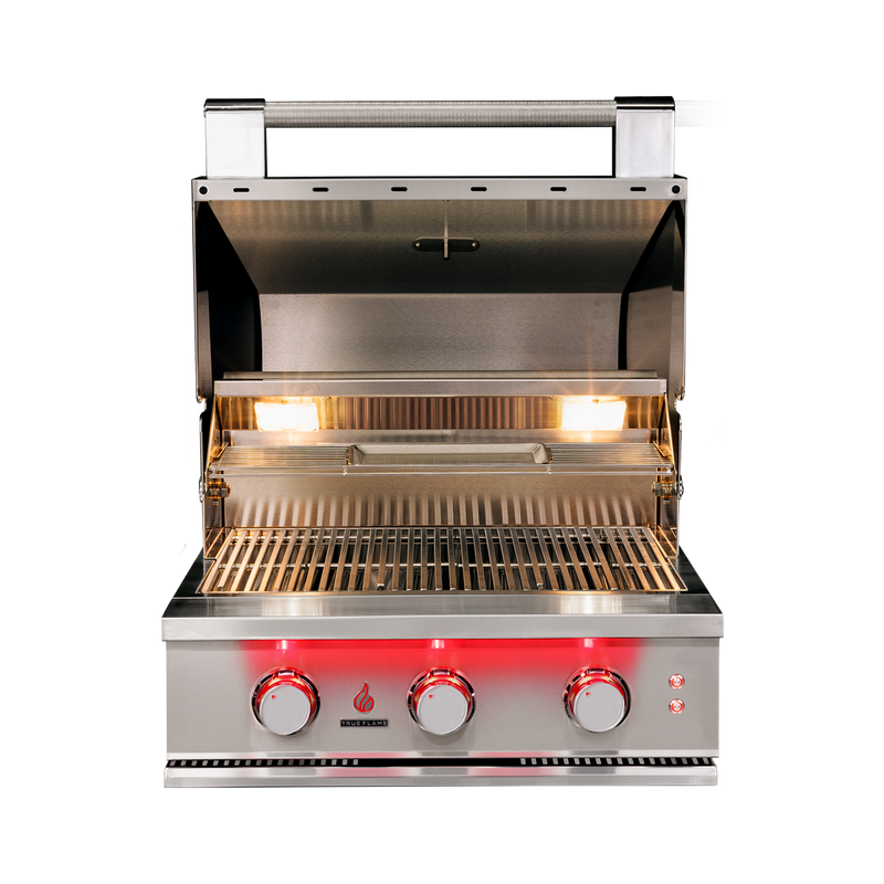TrueFlame 25-Inch Built-In Gas Grill — manufacturer open-hood view