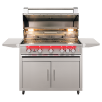 TrueFlame TF40 gas grill with CART-TF-40DC stainless steel cart, hood open