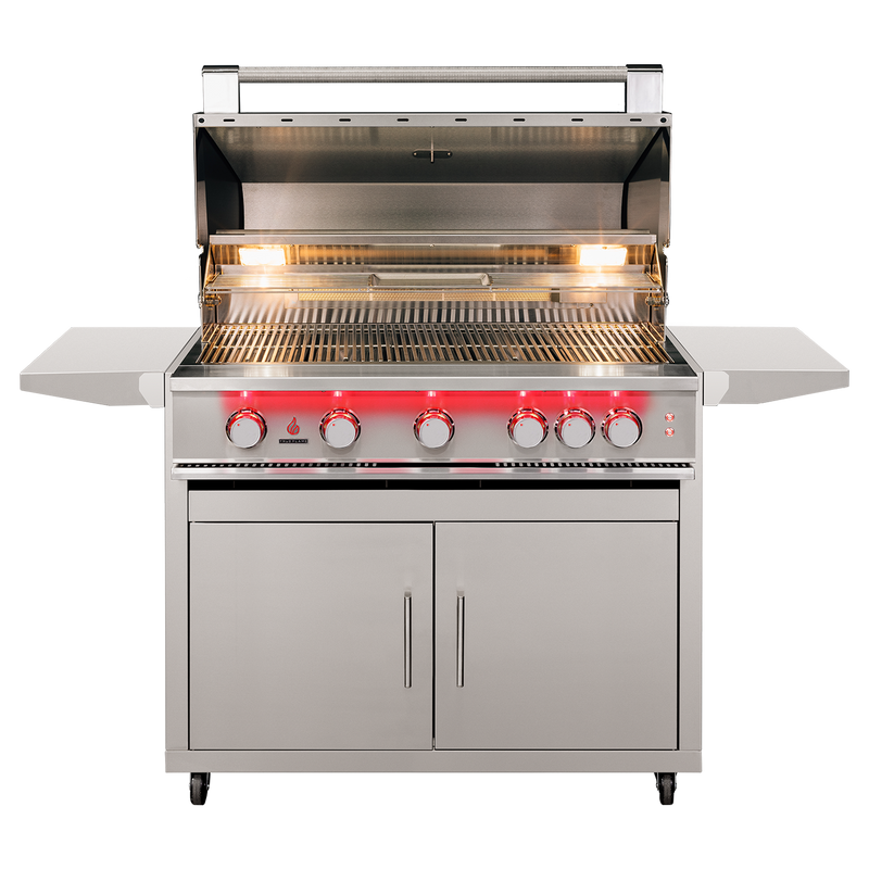 TrueFlame TF40 gas grill with CART-TF-40DC stainless steel cart, hood open