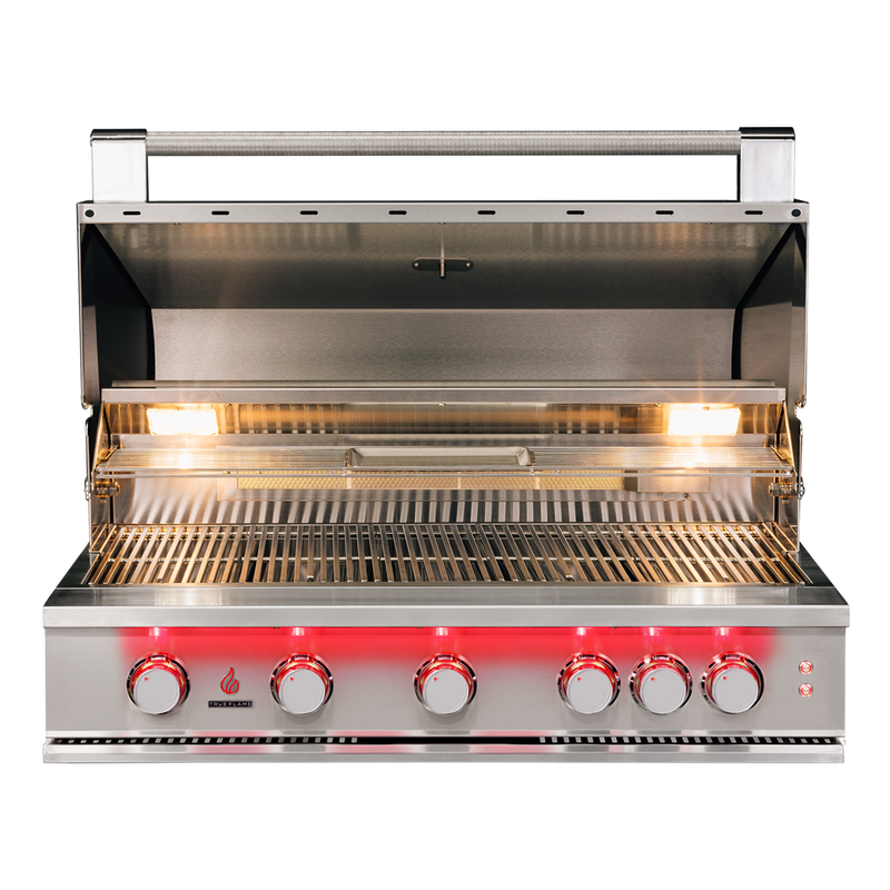 TrueFlame 40-Inch Built-In Gas Grill — manufacturer open-hood view