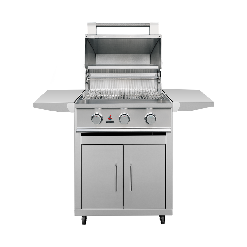 TrueFlame TFE25 gas grill with CART-TF-25DC stainless steel cart, hood open