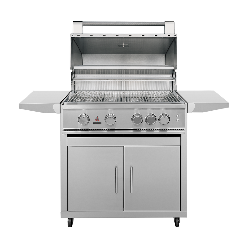 TrueFlame TFE32 gas grill with CART-TF-32DC stainless steel cart, hood open