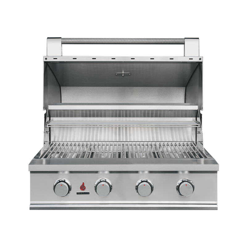 TrueFlame E Series 32-Inch Built-In Gas Grill — manufacturer open-hood view
