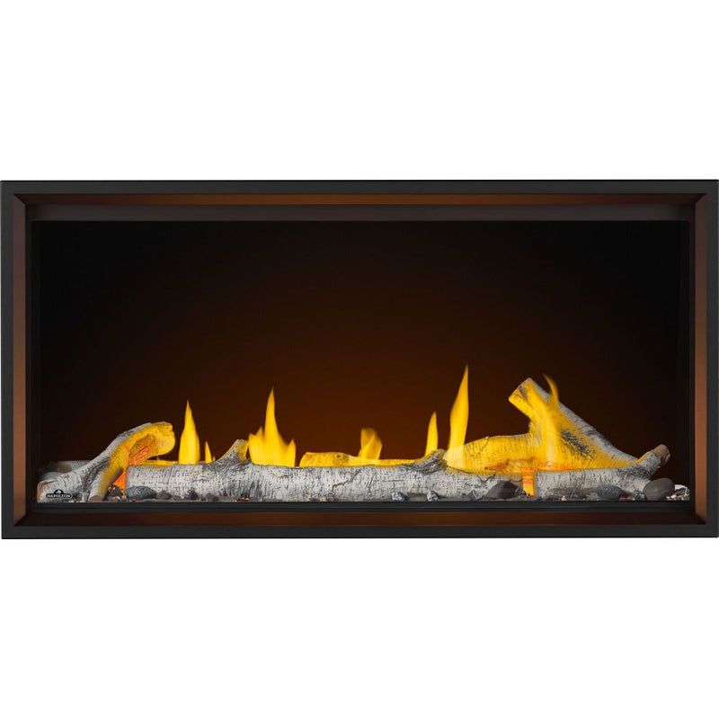 Napoleon Tall Linear Vector 50 direct vent gas fireplace product shot with birch logs, woodland kit and orange ember bed