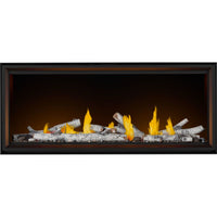 Napoleon Tall Linear Vector 62 direct vent gas fireplace product shot with birch logs, woodland kit and orange ember bed