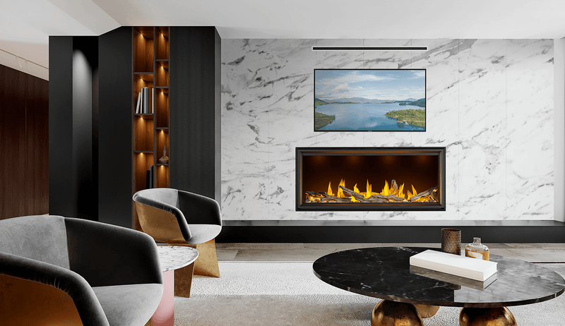 Napoleon Tall Linear Vector 62 gas fireplace lifestyle shot in living room with mineral rock and driftwood
