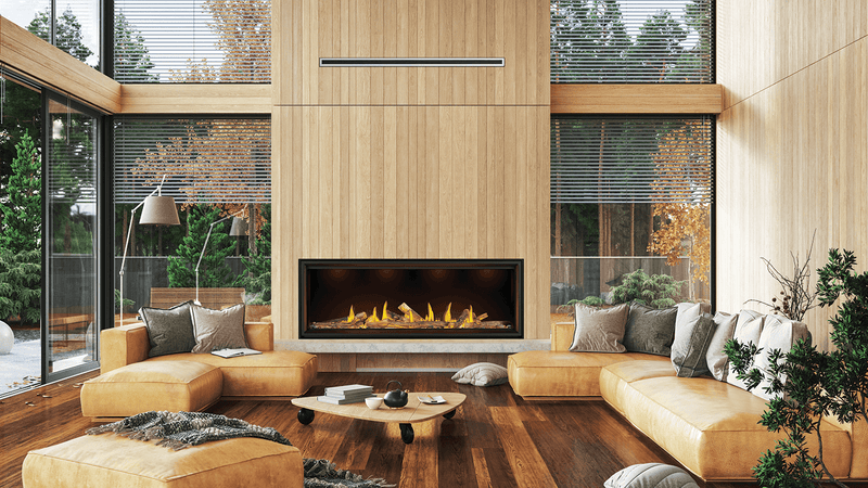 Napoleon Tall Linear Vector 74 gas fireplace lifestyle shot in living room